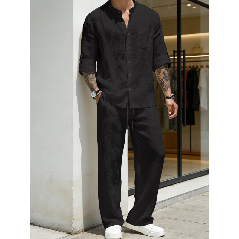 Men’s Relaxed Two-Piece Set – Band-Collar Shirt & Drawstring Pants