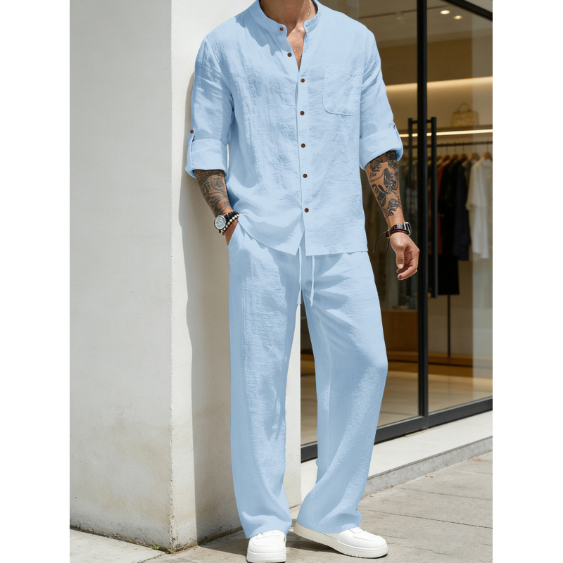 Men’s Relaxed Two-Piece Set – Band-Collar Shirt & Drawstring Pants
