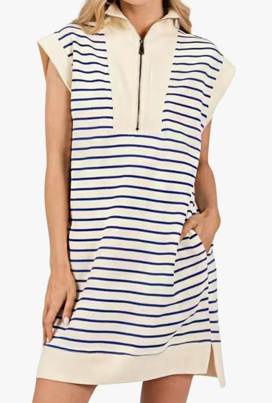 Wenrine Women's Striped Mini Dress with Zipper and Cap Sleeves