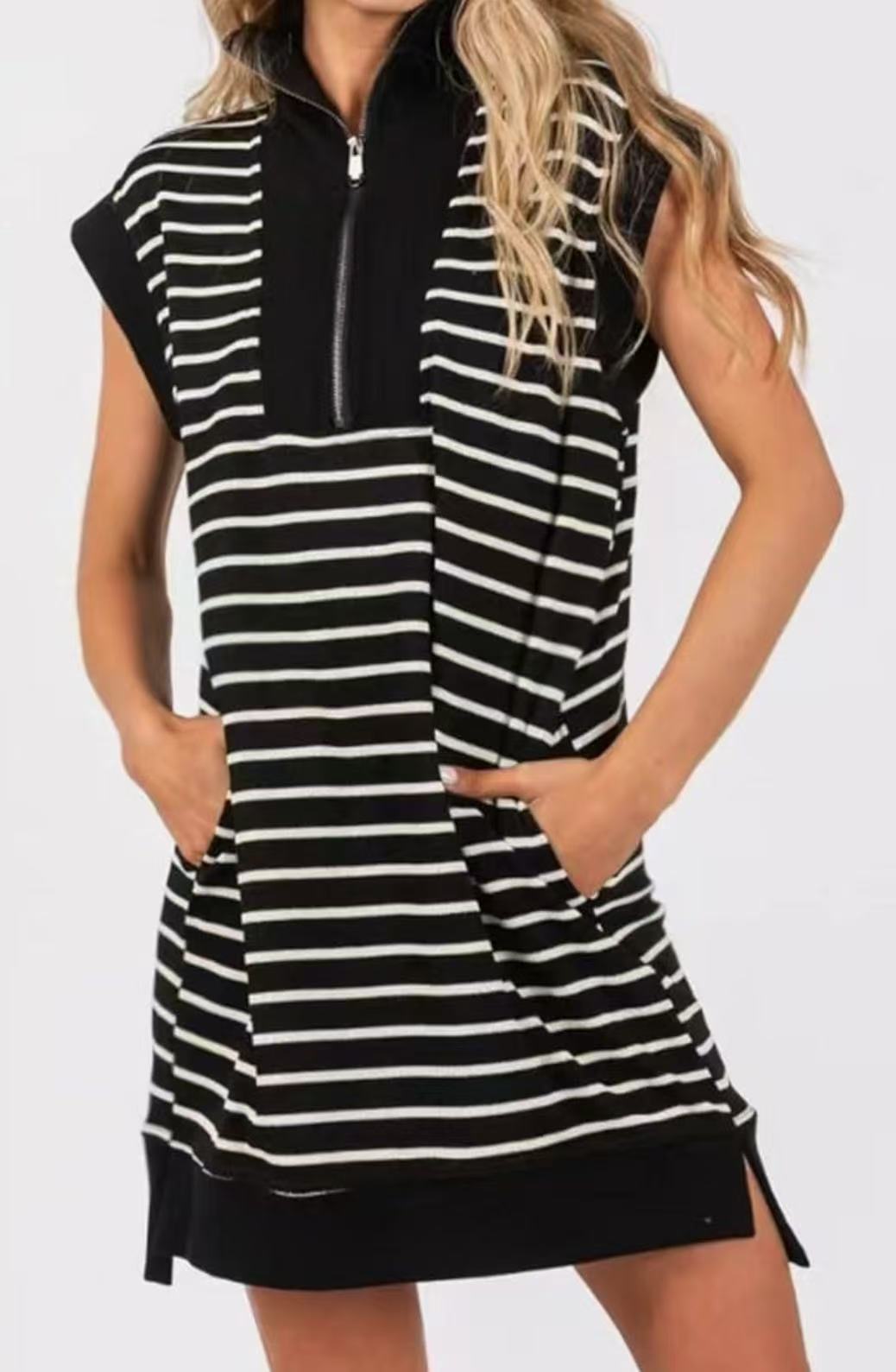 Wenrine Women's Striped Mini Dress with Zipper and Cap Sleeves
