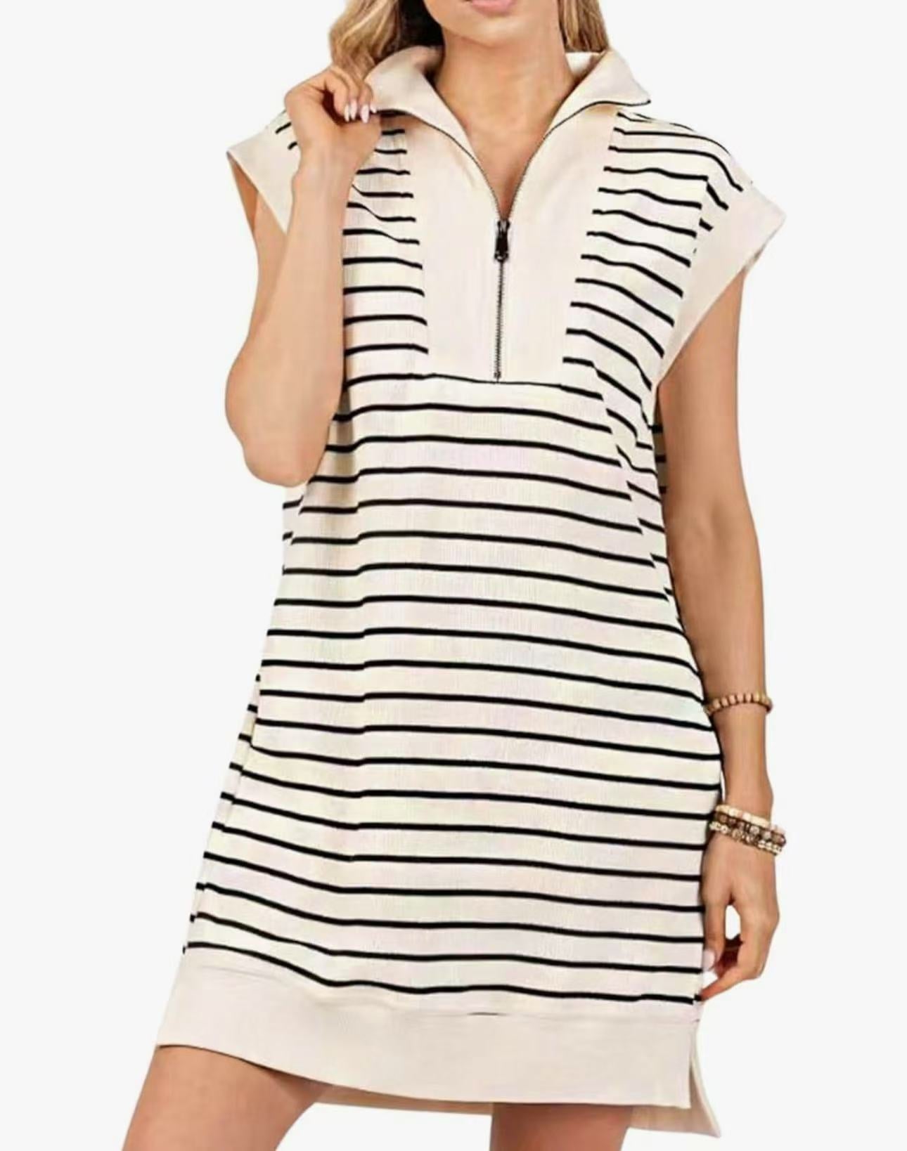 Wenrine Women's Striped Mini Dress with Zipper and Cap Sleeves