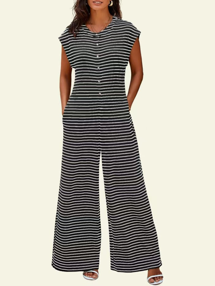 Women Striped Sleeveless Wide Leg Jumpsuit