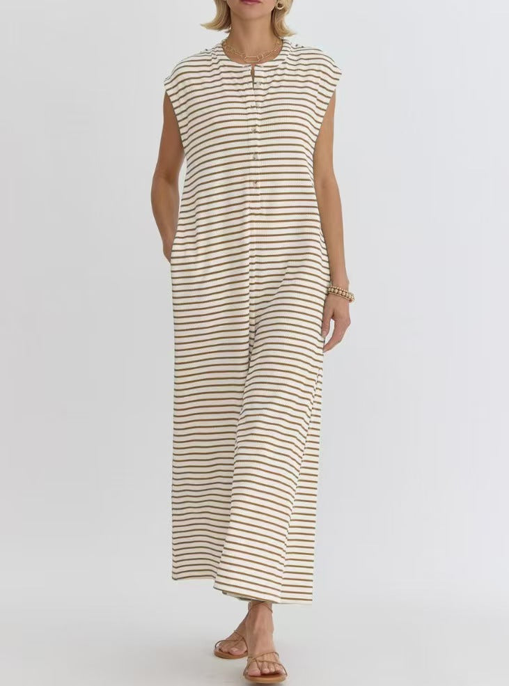 Women Striped Sleeveless Wide Leg Jumpsuit