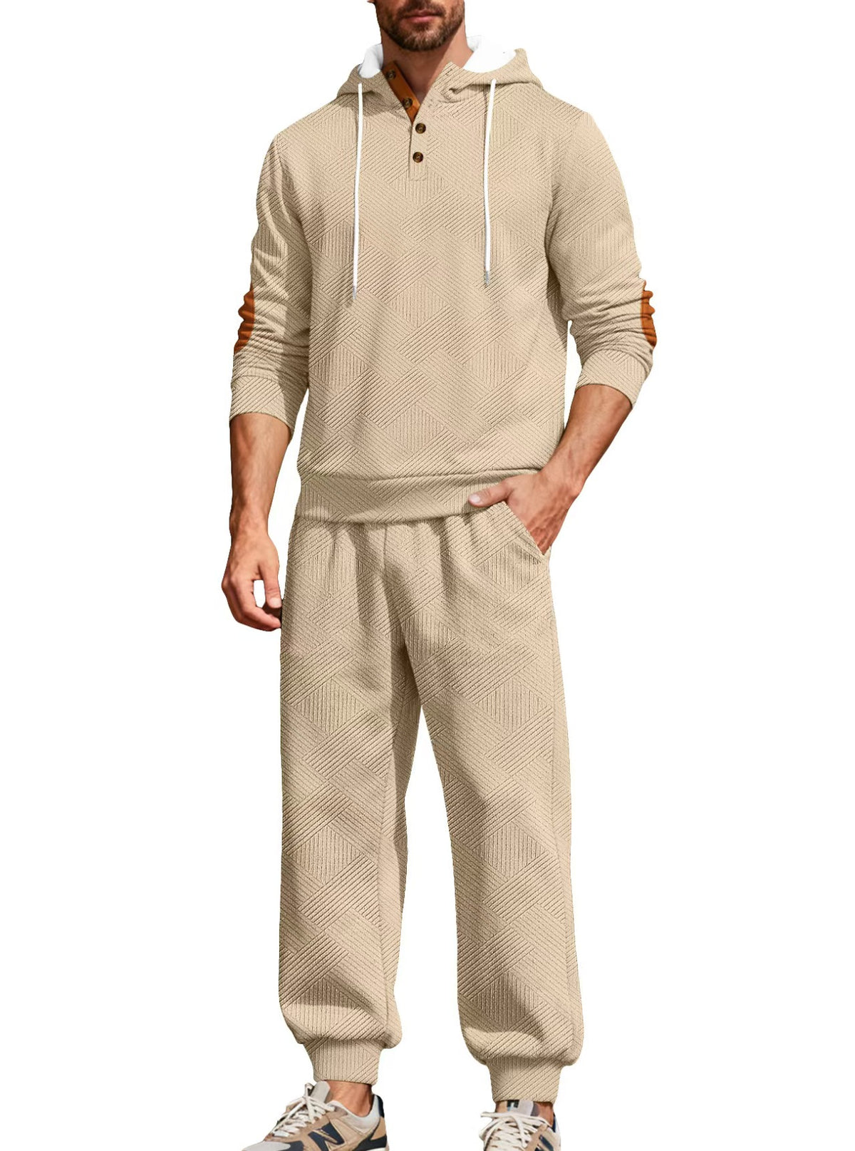 Men’s Textured Hooded Two-Piece Set – Button Neck & Jogger Pants