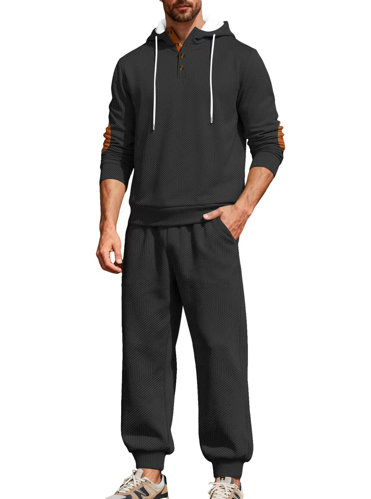 Men’s Textured Hooded Two-Piece Set – Button Neck & Jogger Pants