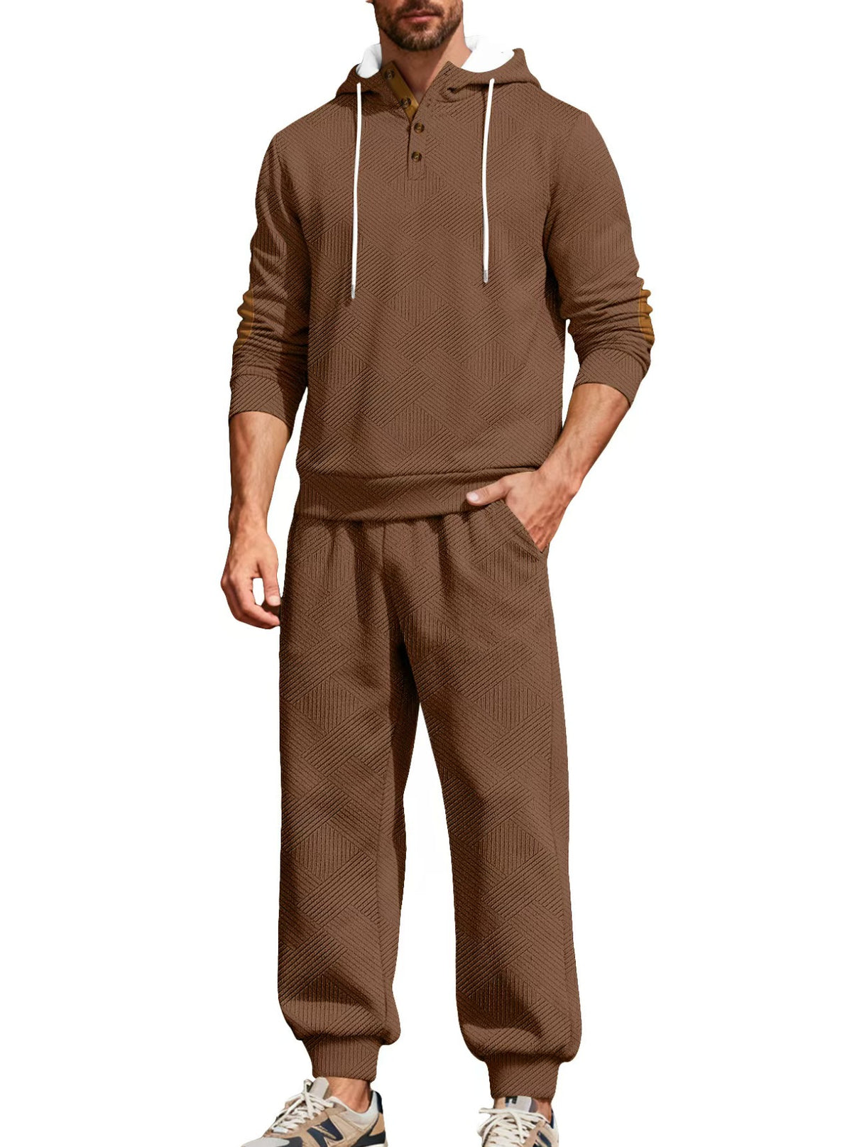 Men’s Textured Hooded Two-Piece Set – Button Neck & Jogger Pants