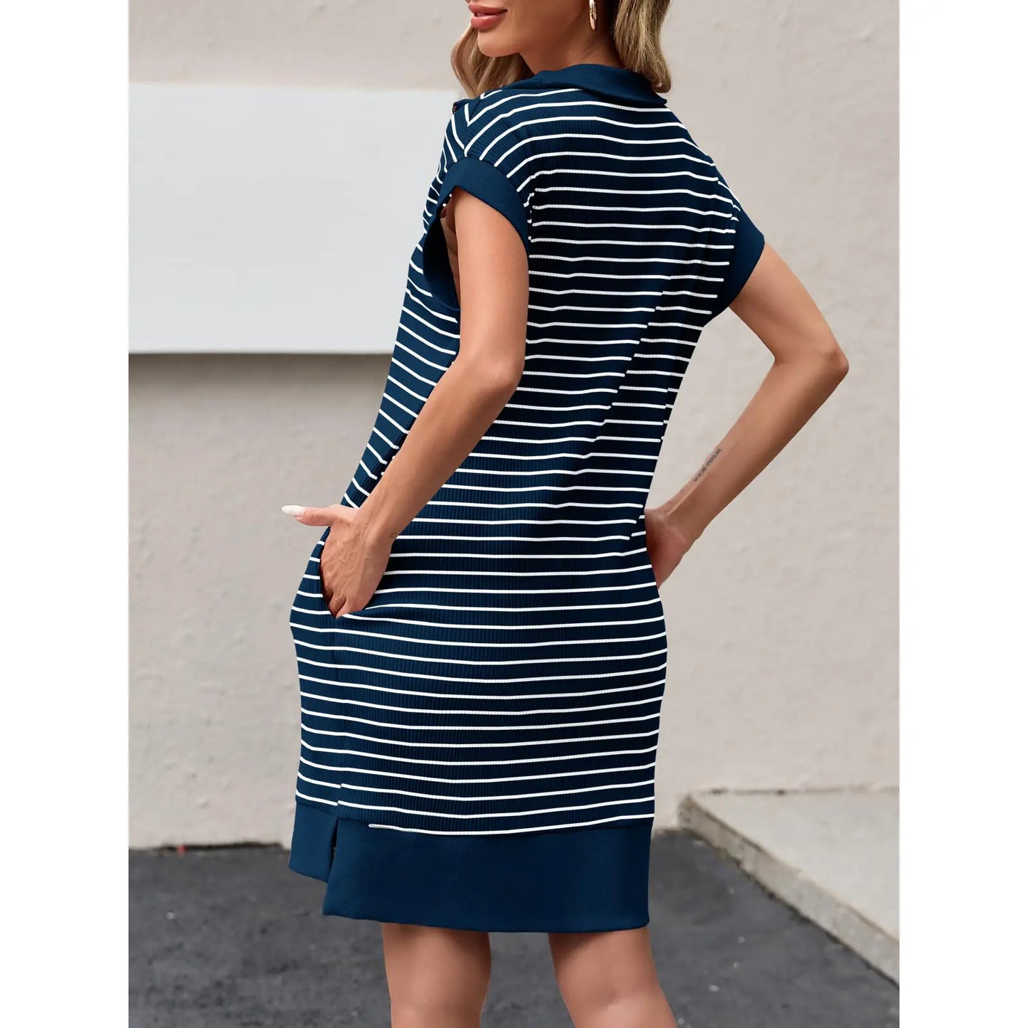 Wenrine Women's Striped Mini Dress with Zipper and Cap Sleeves