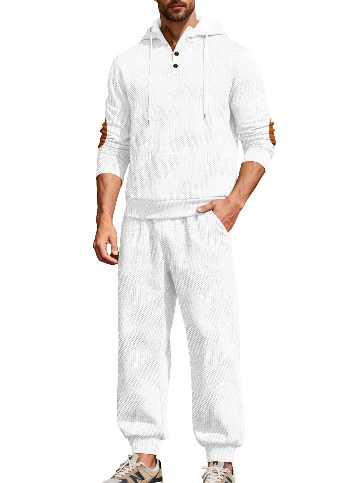 Men’s Textured Hooded Two-Piece Set – Button Neck & Jogger Pants