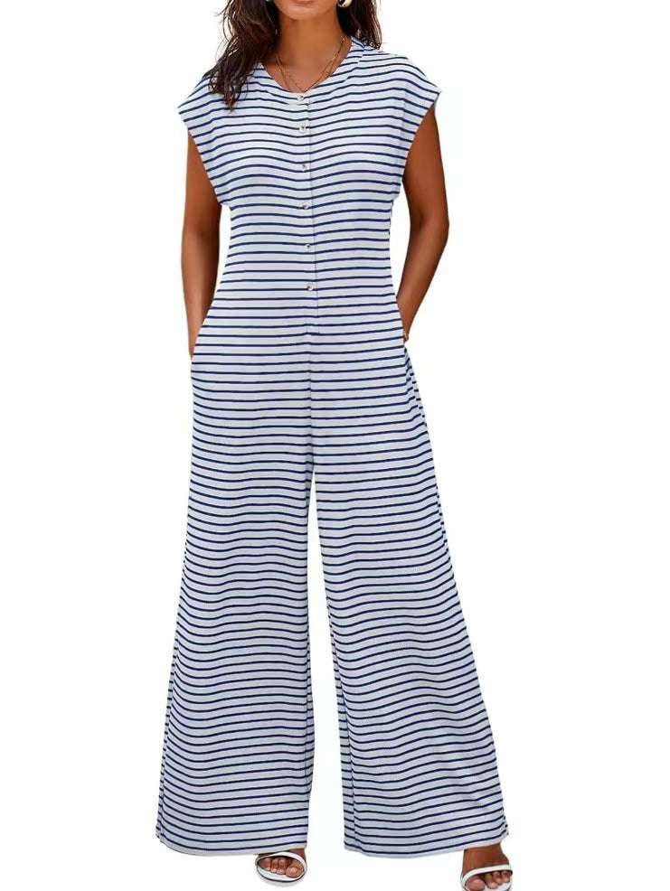 Women Striped Sleeveless Wide Leg Jumpsuit